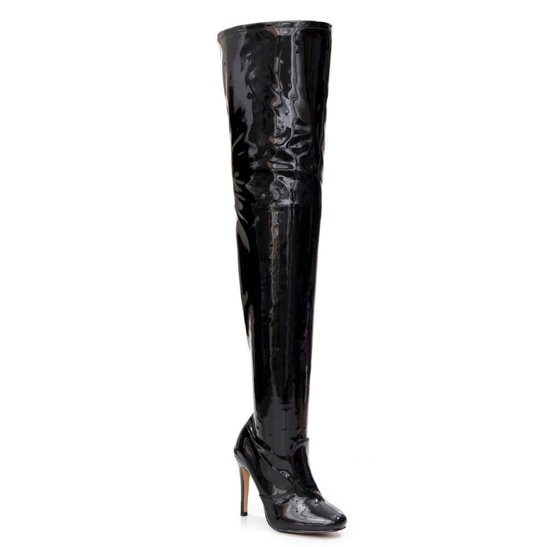 Devilla Size Inclusive - Black Vegan Patent - Street Sole - Thigh Variant Three