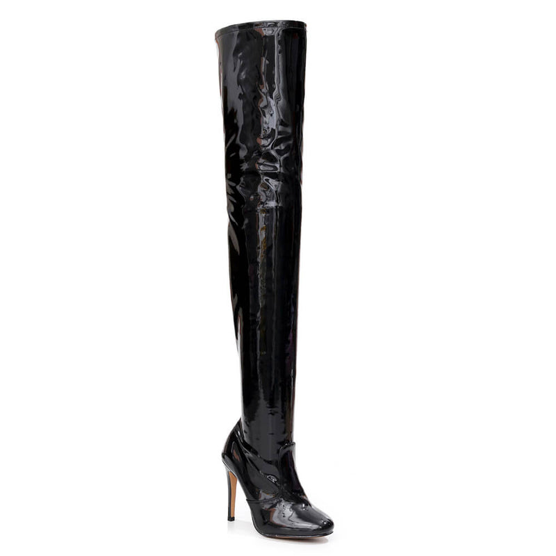 Devilla Size Inclusive - Black Vegan Patent - Street Sole - Thigh Variant Two