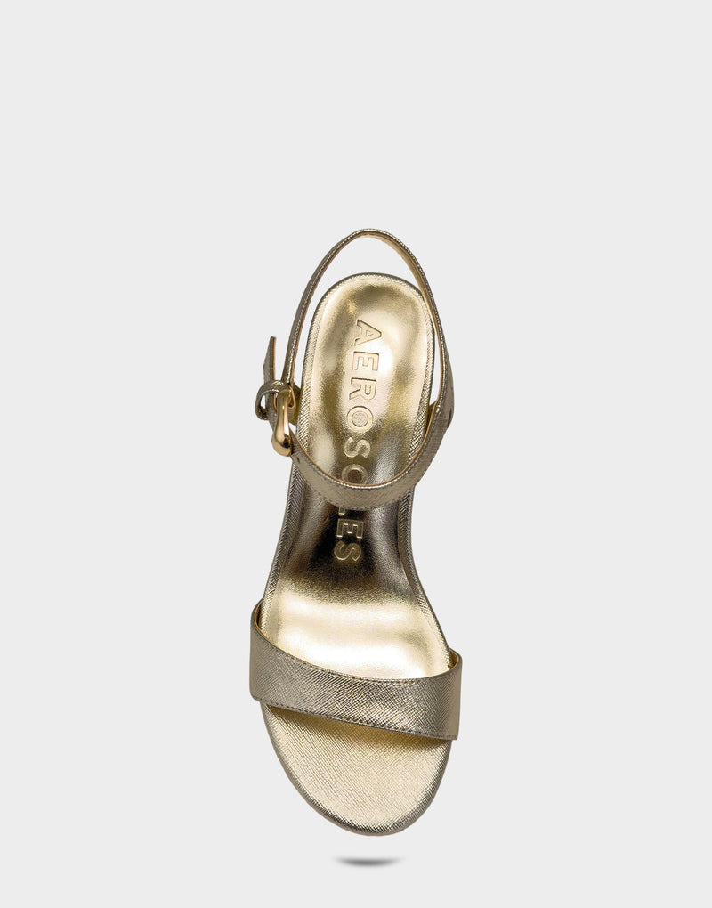 Comfortable Women's Heeled Sandal in Metallic Faux Saffiano Full Front View