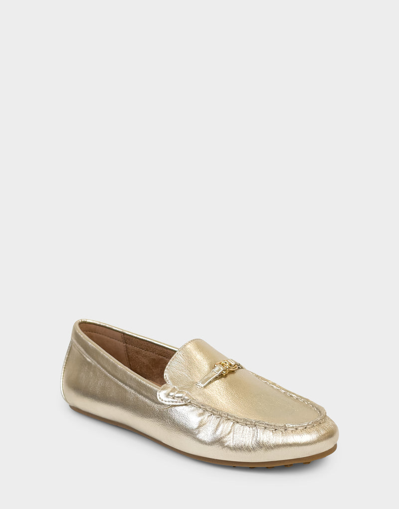 Comfortable Women's Driver In Gold Faux Leather Side View