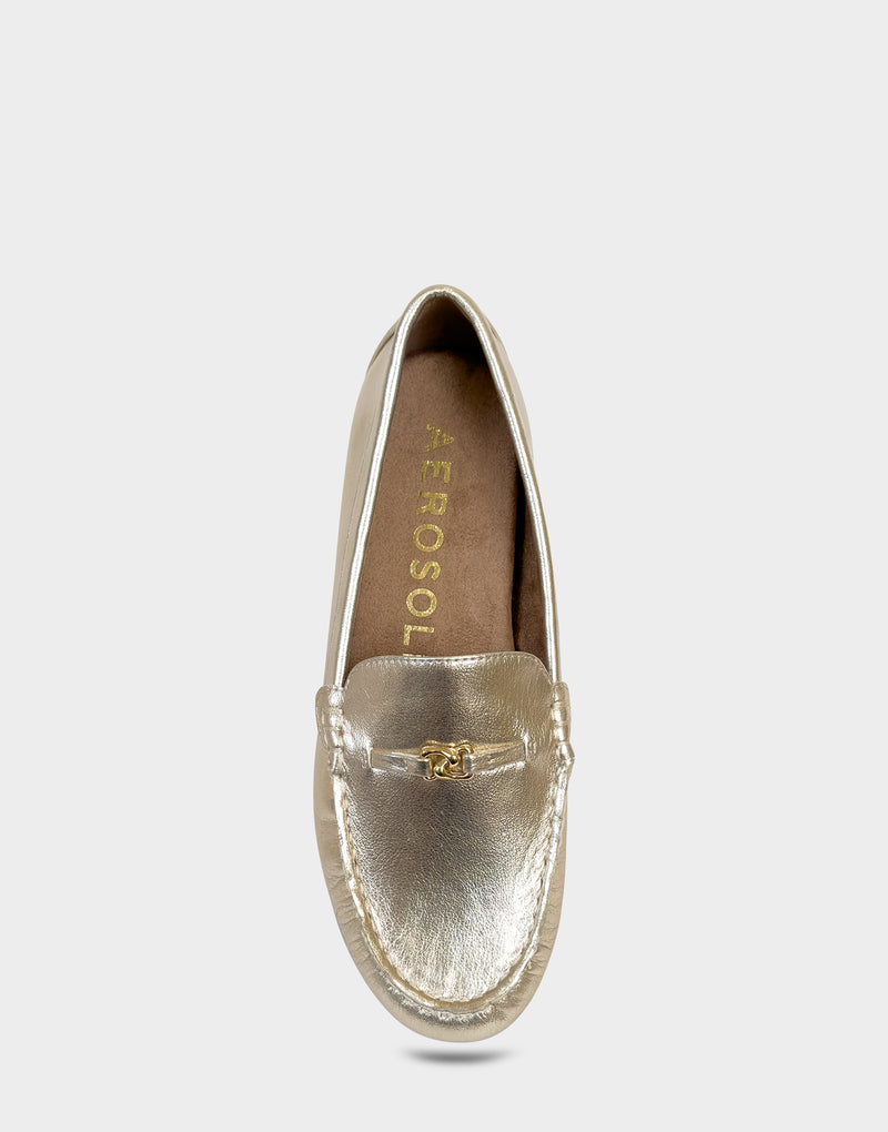 Comfortable Women's Driver In Gold Faux Leather Full Front View