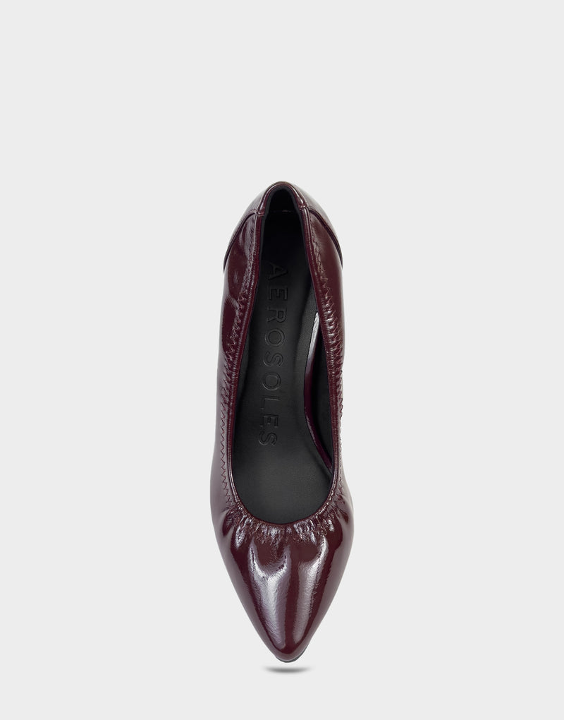 Comfortable Women's Pump In Burgundy Patent Faux Leather Full Front View