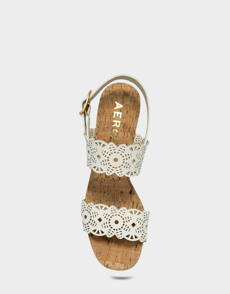 Comfortable Women's Heeled Sandal in Cream Perf Faux Leather Full Front View
