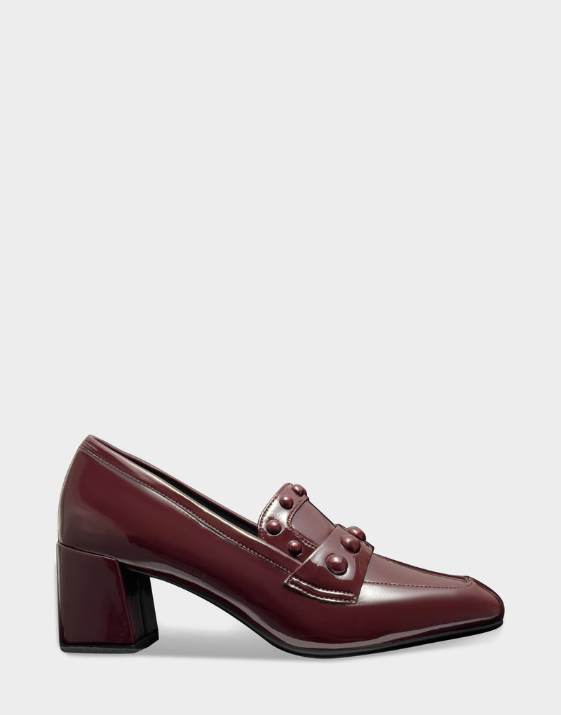 Comfortable Women's Heeled Loafer In Burgundy Patent Faux Leather Side View