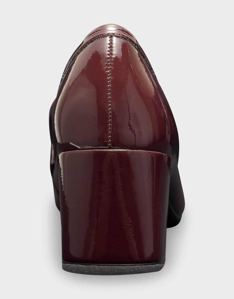 Comfortable Women's Heeled Loafer In Burgundy Patent Faux Leather Back View