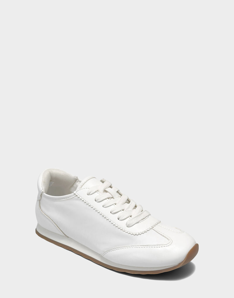 Comfortable Women's Sneaker in White/White Nylon/Faux Leather, angle view