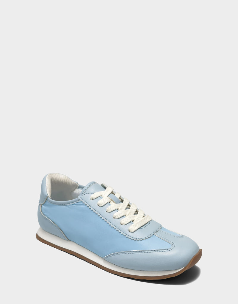 Comfortable Women's Sneaker in Pale Blue Nylon/Faux Leather, angle view