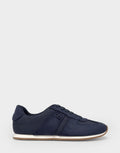 Comfortable Women's Lace Up Sneaker In Navy Faux Suede Side View