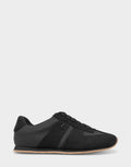 Comfortable Women's Lace Up Sneaker In Black Faux Suede Side View