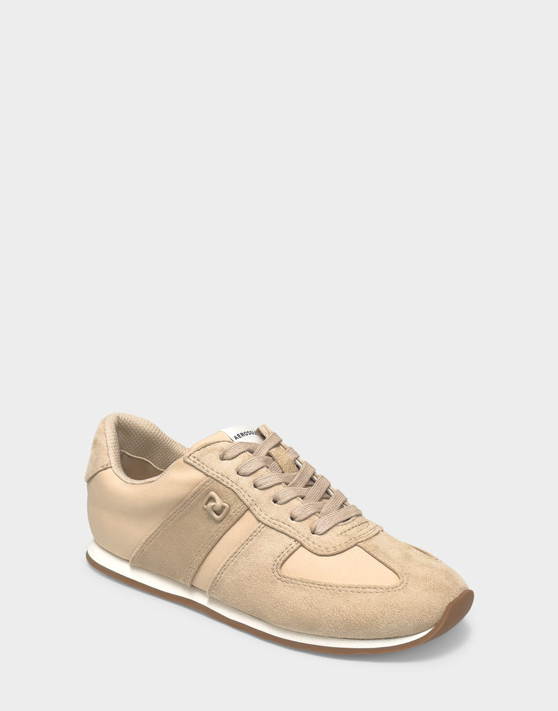 Comfortable Women's Lace Up Sneaker In Beige Faux Suede Side Angle View