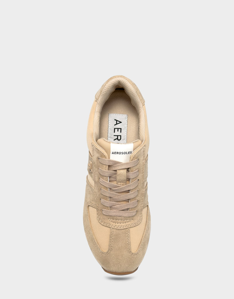 Comfortable Women's Lace Up Sneaker In Beige Faux Suede Full Front View