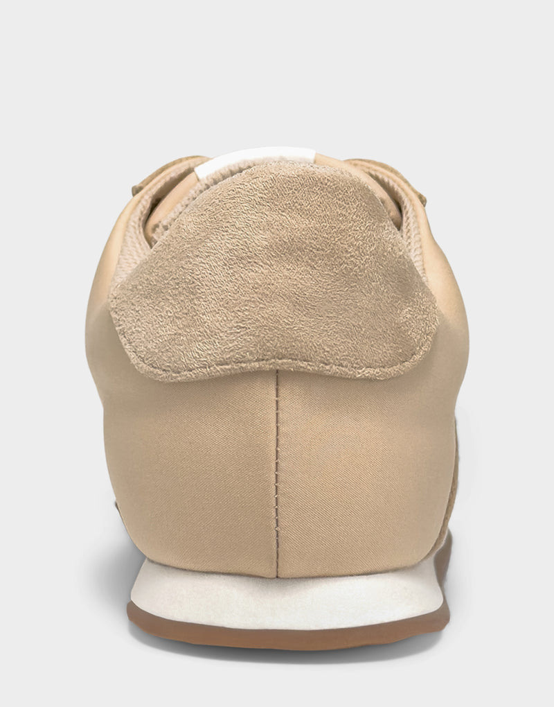 Comfortable Women's Lace Up Sneaker In Beige Faux Suede Back View