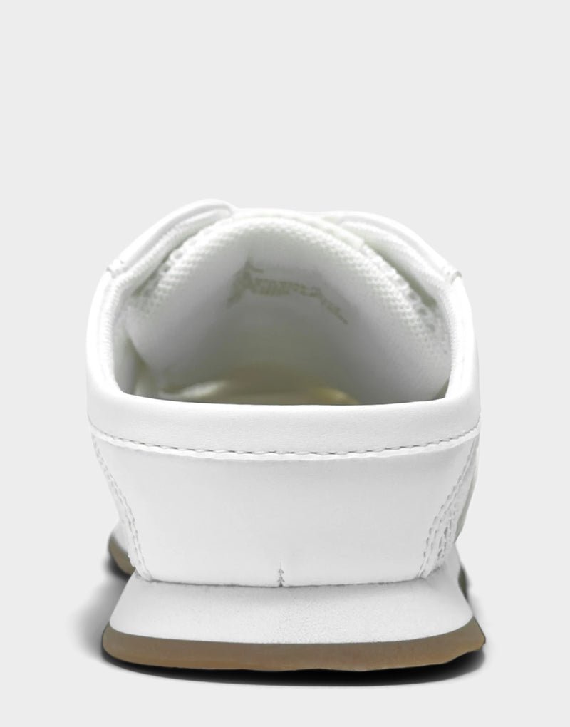 Comfortable Women's Sneaker Mule in Bright White Faux Leather & Mesh, rear view