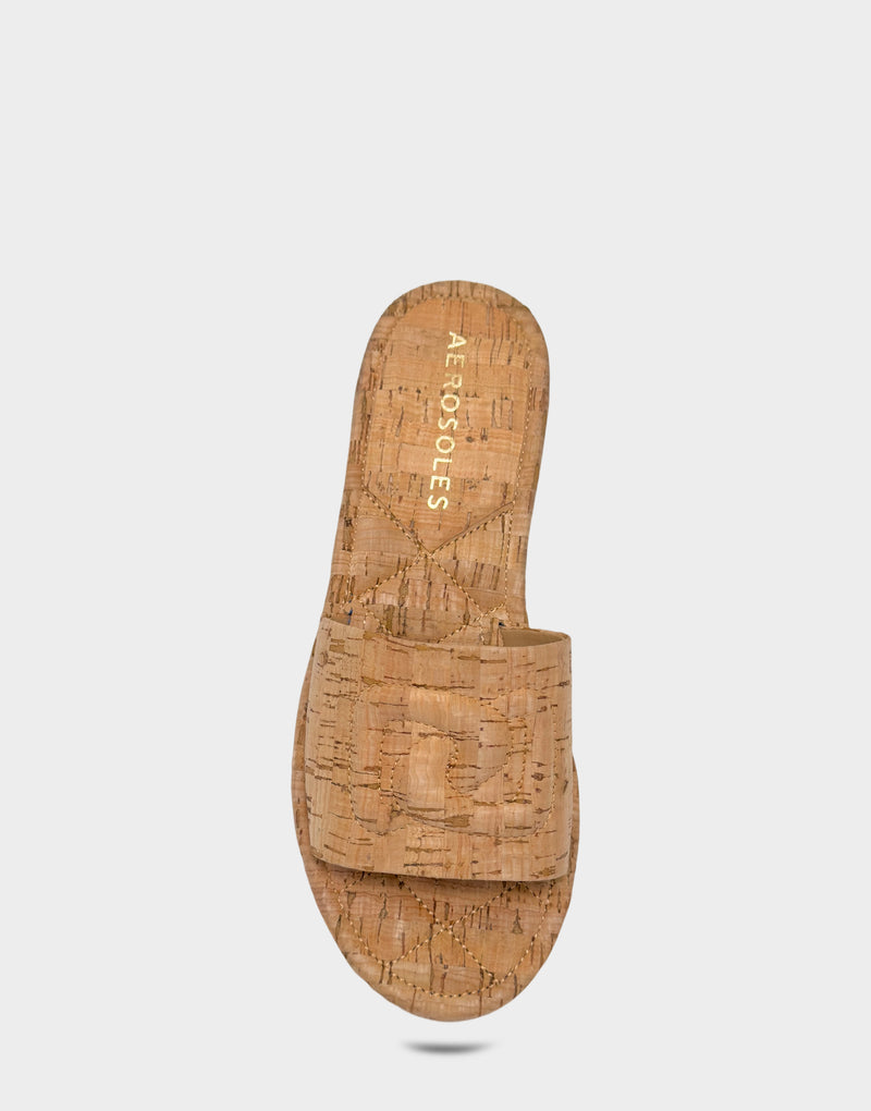 Comfortable Women's Flat Sandal in Natural Cork, top view