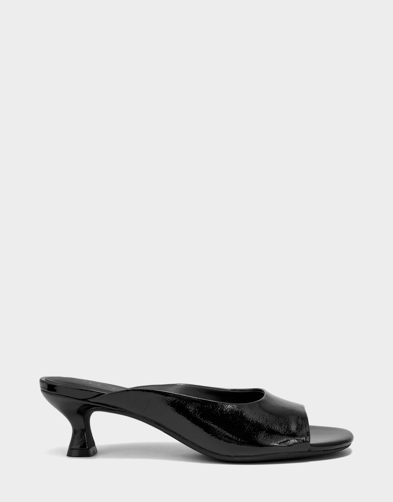 Comfortable Women's Heeled Sandal in Black Faux Crinkle Patent Side View
