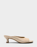 Comfortable Women's Heeled Sandal in Blue Faux Crinkle Patent Side View