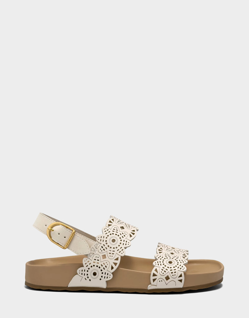Comfortable Women's Footbed Sandal in Cream Perf Faux Nubuck Side View