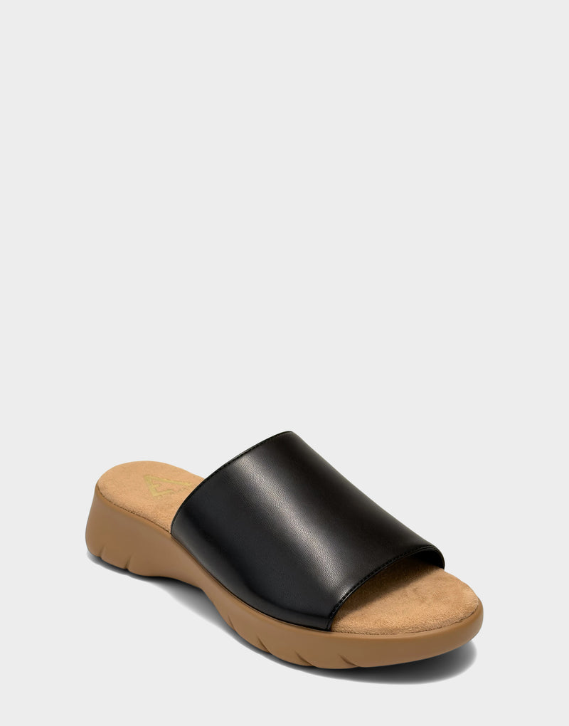 Comfortable Women's Sandal in Black Faux Leather Side Angle View