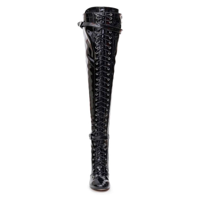 Omani Size Inclusive - Black Vegan Patent - Street Sole - Thigh Variant Five