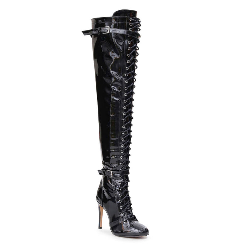 Omani Size Inclusive - Black Vegan Patent - Street Sole - Thigh Variant Four
