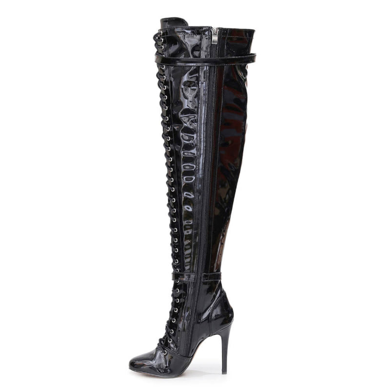 Omani Size Inclusive - Black Vegan Patent - Street Sole - Thigh Variant Four