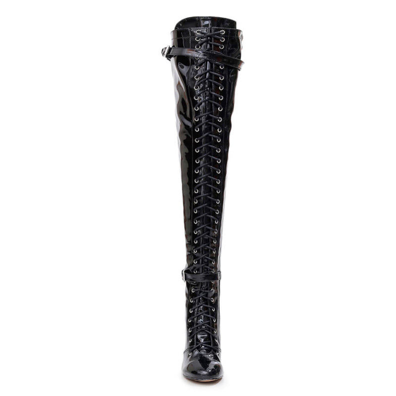 Omani Size Inclusive - Black Vegan Patent - Street Sole - Thigh Variant Four