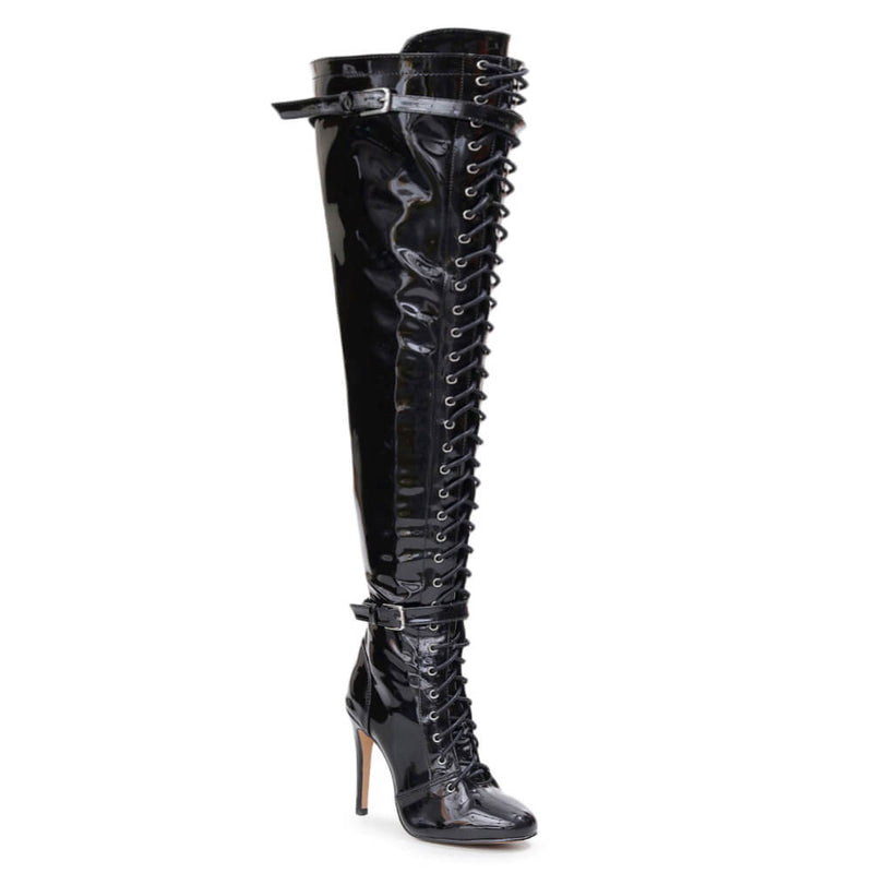 Omani Size Inclusive - Black Vegan Patent - Street Sole - Thigh Variant Six