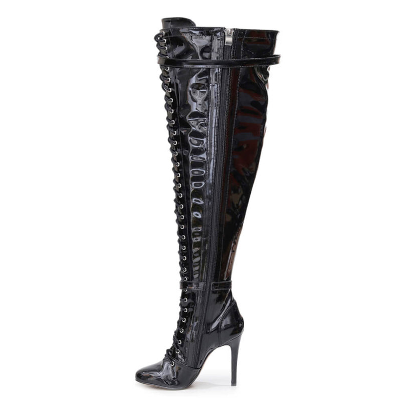 Omani Size Inclusive - Black Vegan Patent - Street Sole - Thigh Variant Six