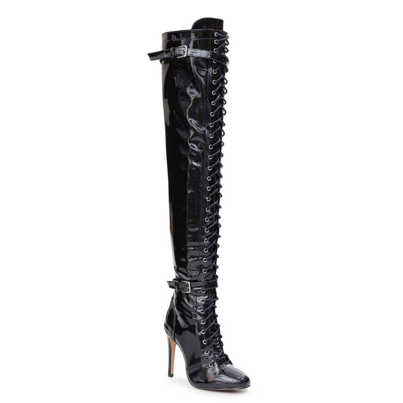 Omani Size Inclusive - Black Vegan Patent - Street Sole - Thigh Variant Two