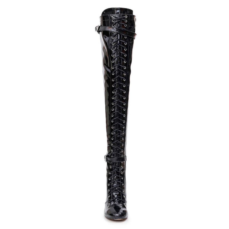 Omani Size Inclusive - Black Vegan Patent - Street Sole - Thigh Variant Two