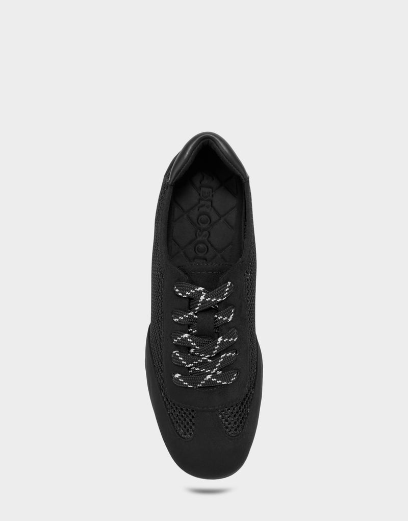 Comfortable Women's Sneaker in Black Mesh/faux Suede Full Front View
