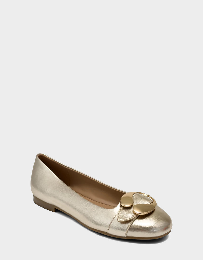 Comfortable Women's Casual Flat in Soft Gold Faux Metallic Leather, angel view