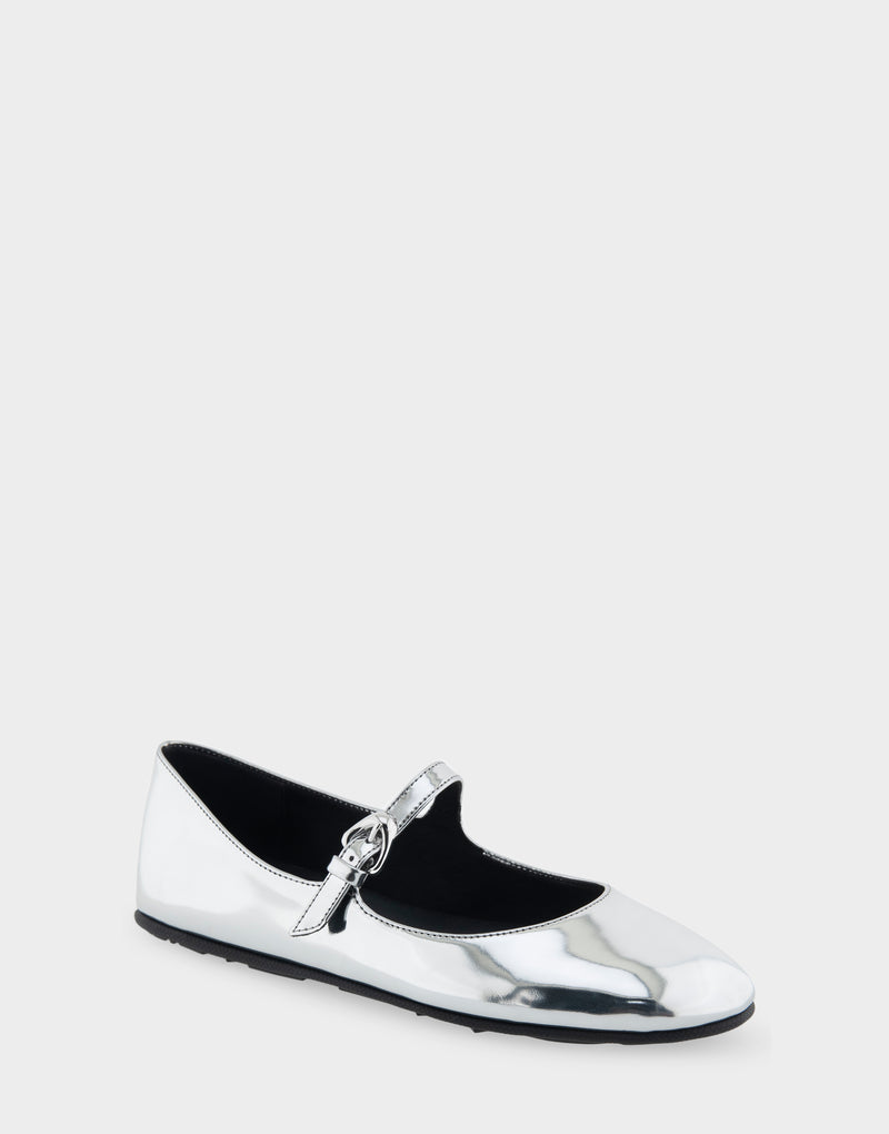 Comfortable Women's Mary Jane Flat in Silver Mirror Metallic Faux Leather Angle View