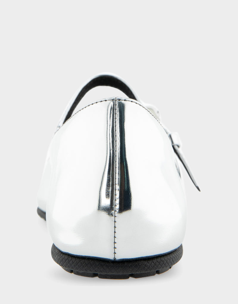 Comfortable Women's Mary Jane Flat in Silver Mirror Metallic Faux Leather
Rear View