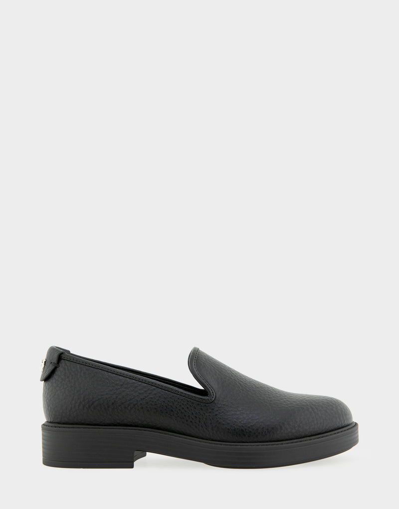 Comfortable Women's Tailored Loafer In Black Faux Nubuck Side View