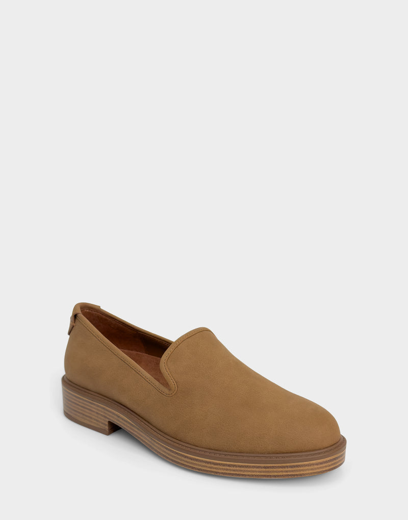 Comfortable Women's Tailored Loafer In Tan Faux Nubuck Angle View