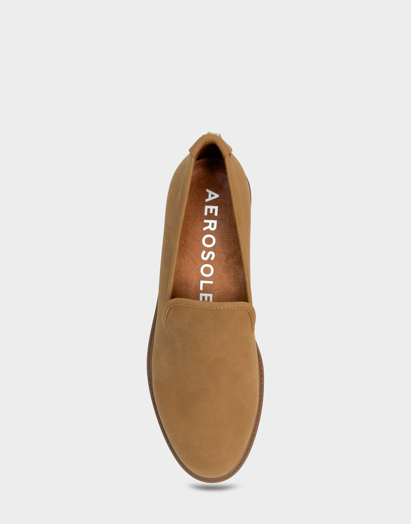 Comfortable Women's Tailored Loafer In Tan Faux Nubuck Top View
