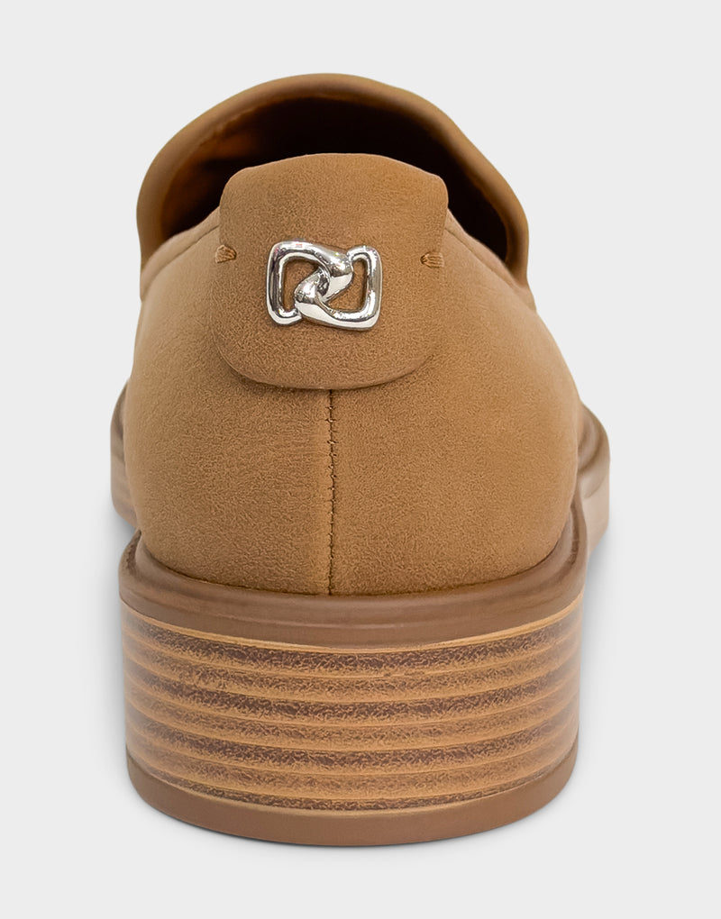 Comfortable Women's Tailored Loafer In Tan Faux Nubuck Rear View