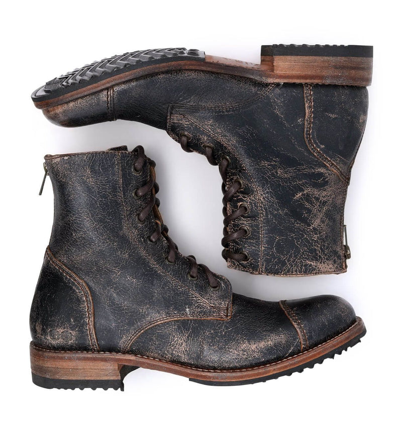 Bed Stu Protege boots in distressed black leather with lace-up design, side zip, and rugged outsoles, side view.
