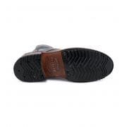 Bed Stu Protege shoes sole view featuring black rubber outsole with ridged tread pattern and brown leather accent.