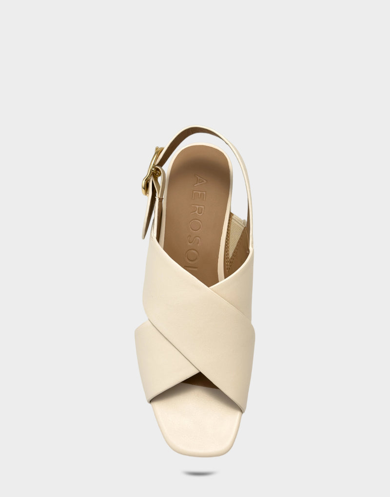 Comfortable Women's Platform Sandal in Cream Faux Leather Cork Heel Full Front View