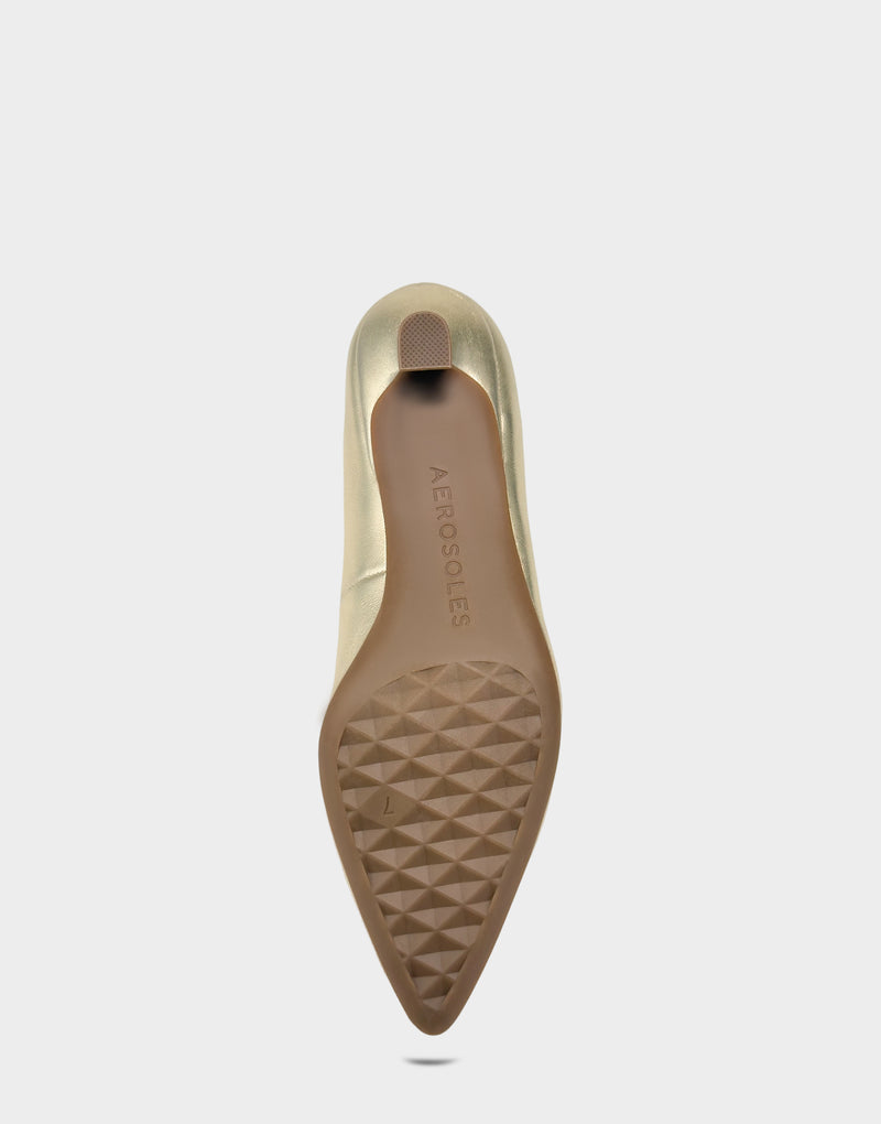 Comfortable Women's Kitten Heel in Soft Gold Faux Leather Faux Metallic Leather, sole view