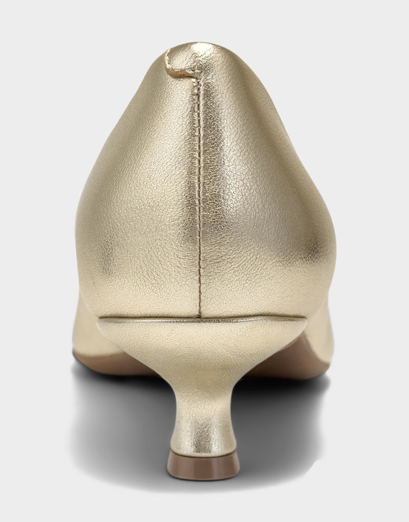 Comfortable Women's Kitten Heel in Soft Gold Faux Leather Faux Metallic Leather, rear view