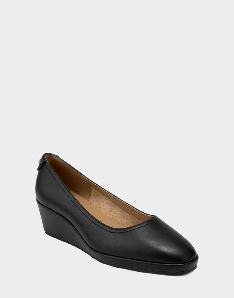 Comfortable Women's Dress Wedge in Black/Black Faux Soft Leather, angle view