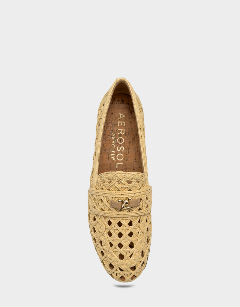 Comfortable Women's Dress Flat in Natural Faux Raffia Full Front View
